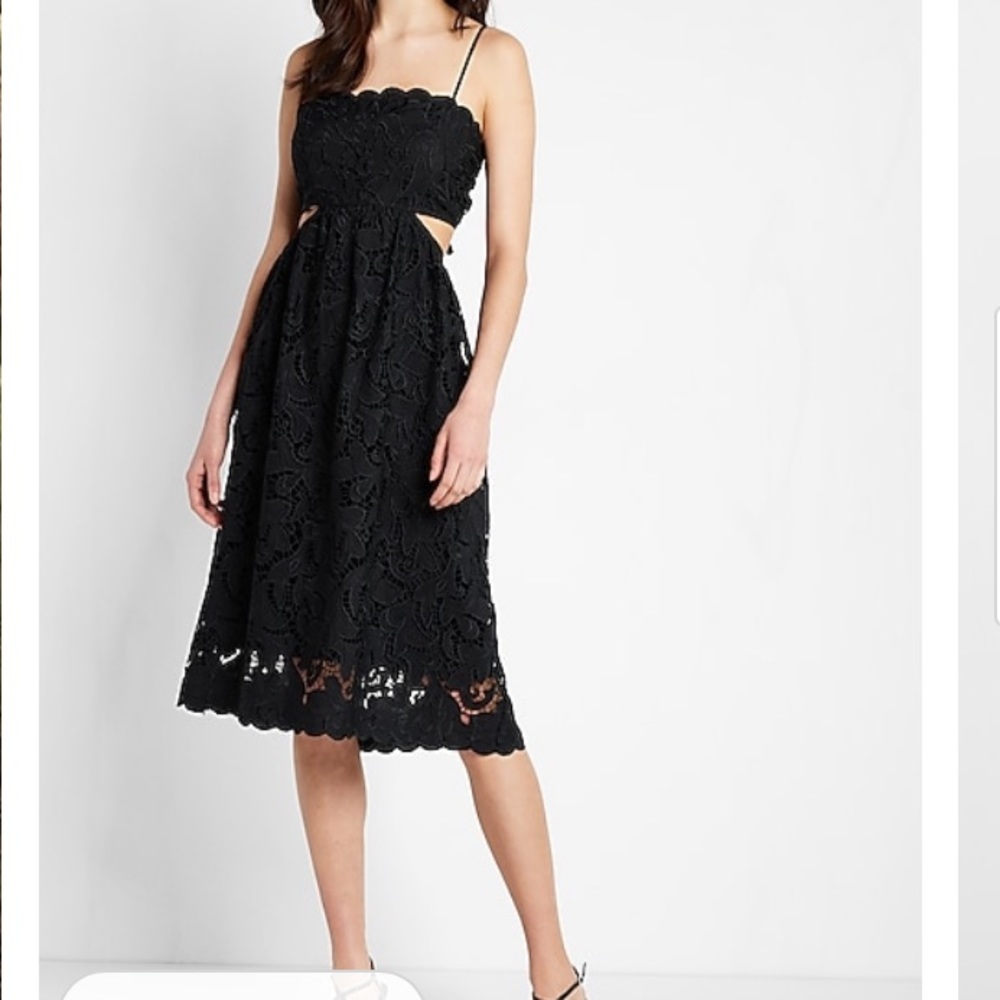 NWT Express Lace Bow Tie Back Side Cutout Black Midi Dress - Picture 3 of 6